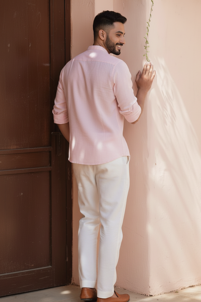 Men Regular Fit Solid Mandarin Collar Casual Shirt