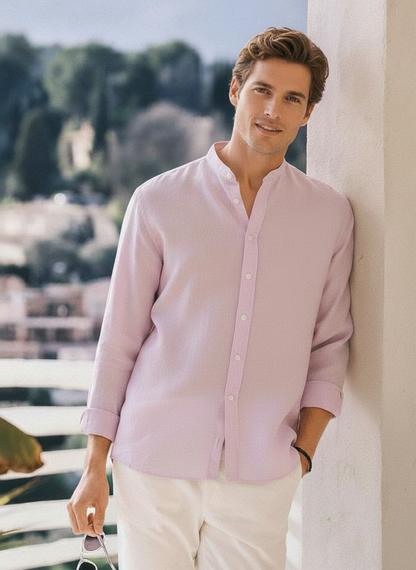 Men Regular Fit Solid Mandarin Collar Casual Shirt