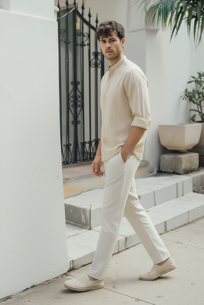 Men Regular Fit Solid Mandarin Collar Casual Shirt