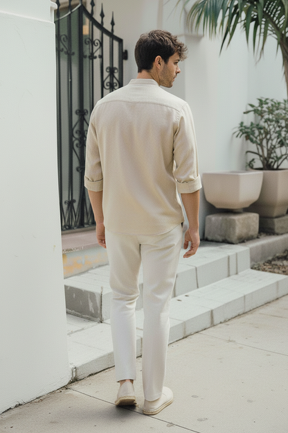 Men Regular Fit Solid Mandarin Collar Casual Shirt