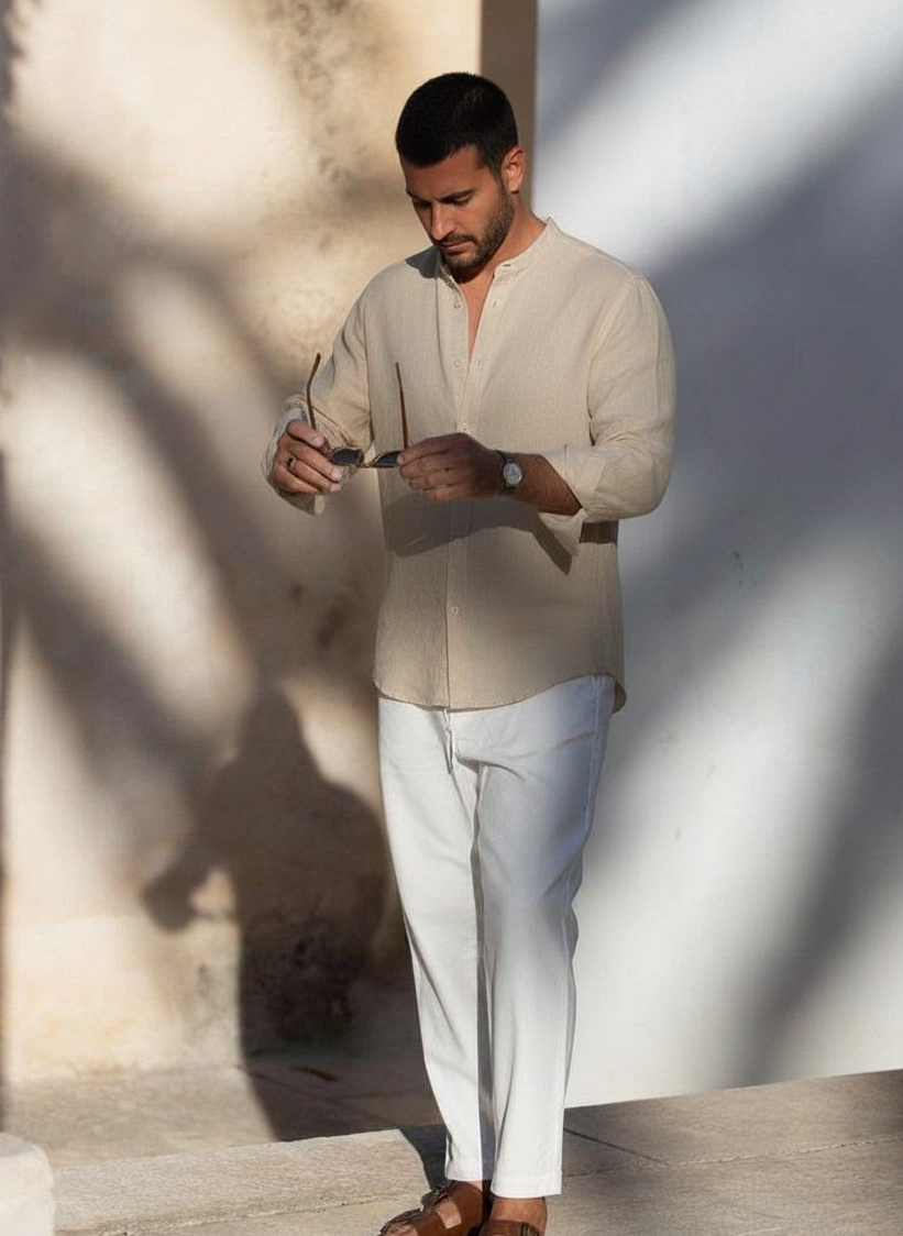 Men Regular Fit Solid Mandarin Collar Casual Shirt