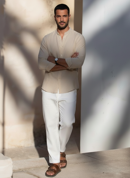 Men Regular Fit Solid Mandarin Collar Casual Shirt