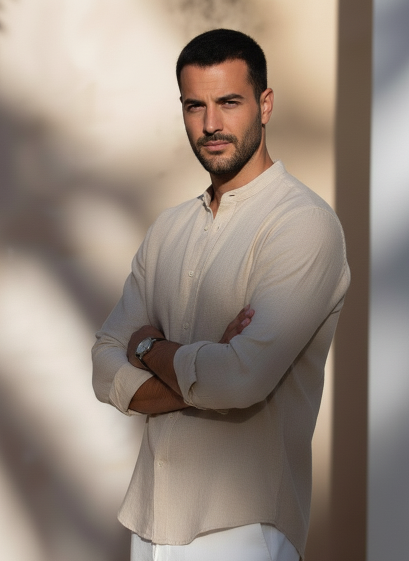 Men Regular Fit Solid Mandarin Collar Casual Shirt