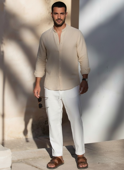 Men Regular Fit Solid Mandarin Collar Casual Shirt