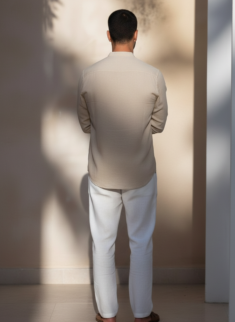 Men Regular Fit Solid Mandarin Collar Casual Shirt