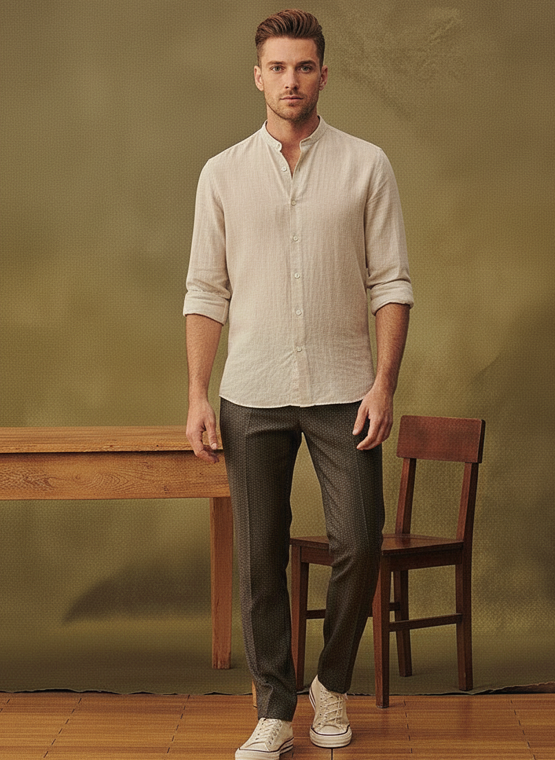 Men Regular Fit Solid Mandarin Collar Casual Shirt