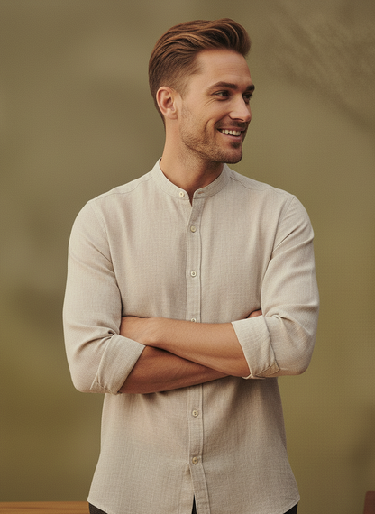 Men Regular Fit Solid Mandarin Collar Casual Shirt