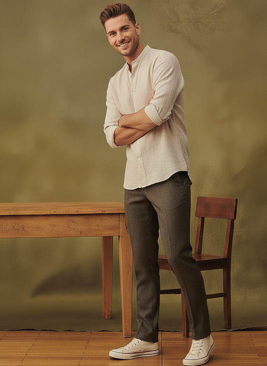 Men Regular Fit Solid Mandarin Collar Casual Shirt