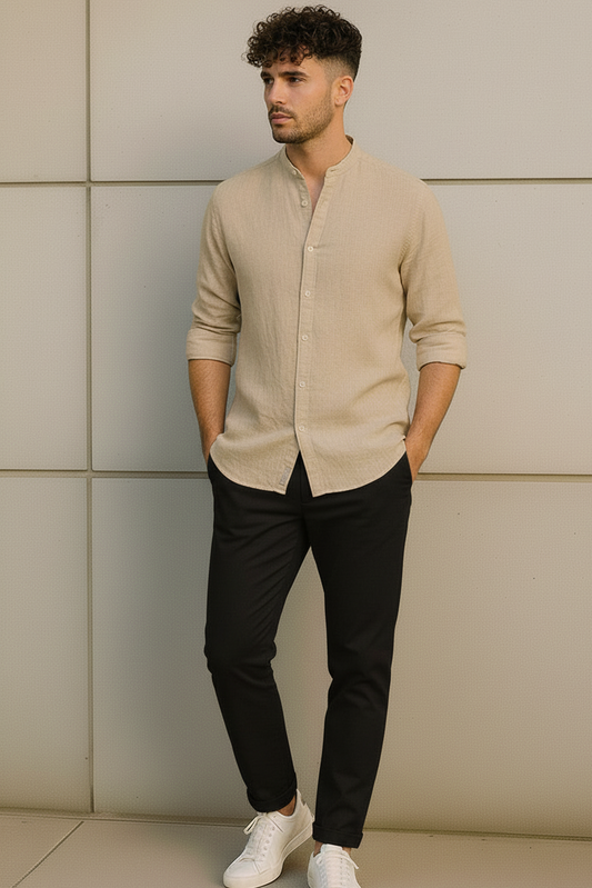 Men Regular Fit Solid Mandarin Collar Casual Shirt