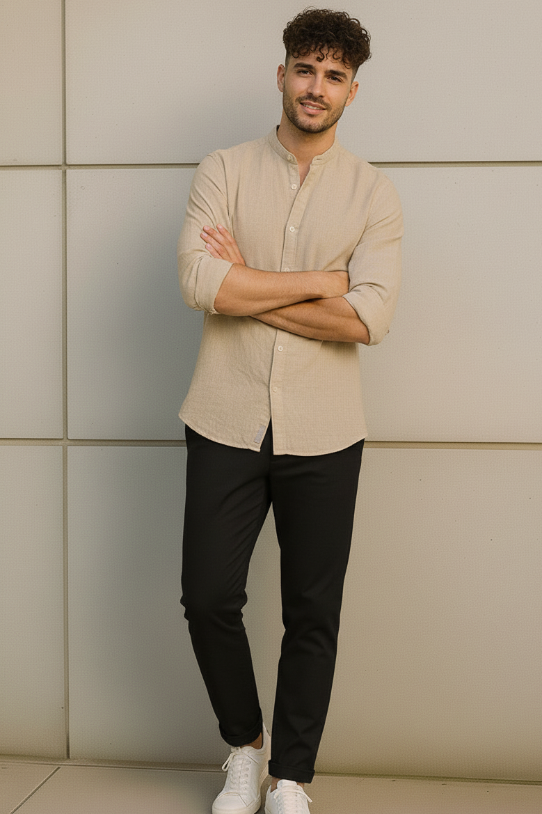 Men Regular Fit Solid Mandarin Collar Casual Shirt