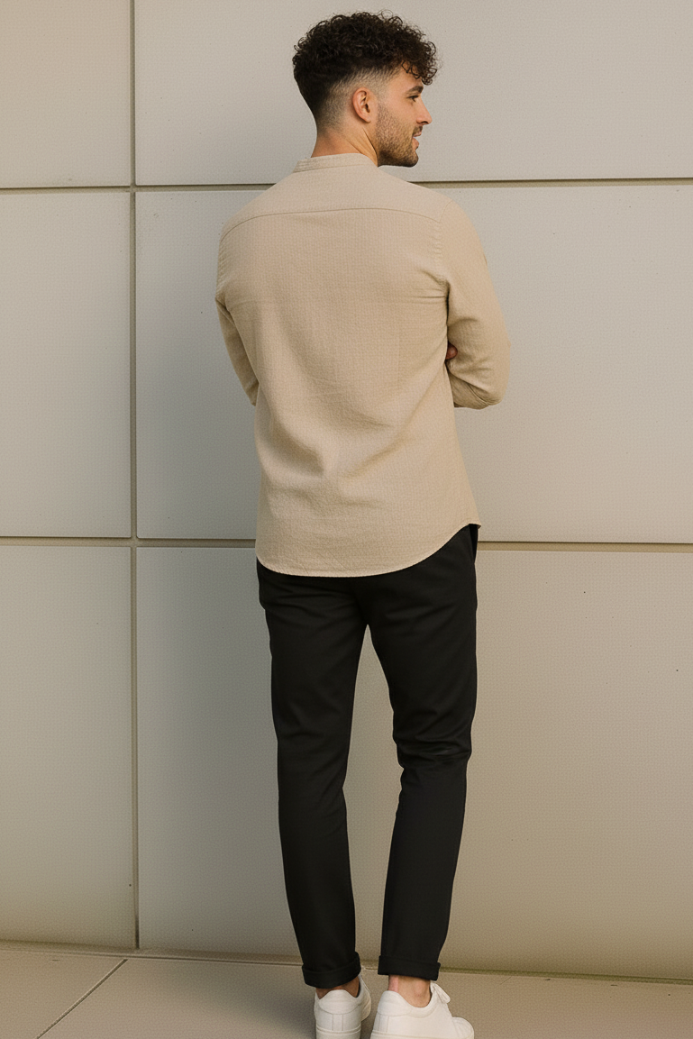 Men Regular Fit Solid Mandarin Collar Casual Shirt