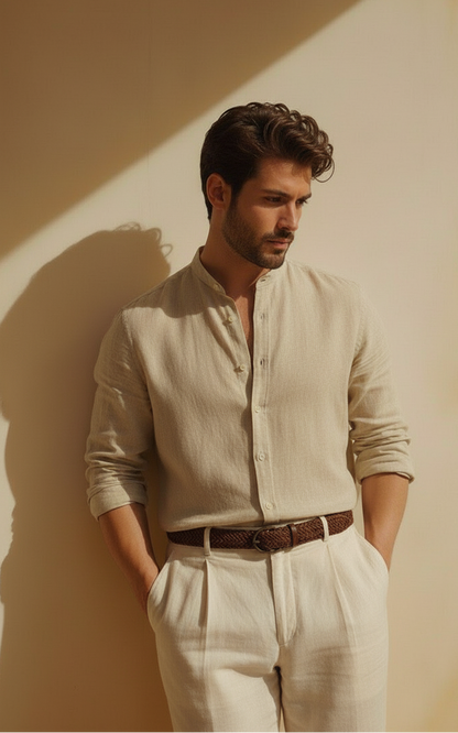 Men Regular Fit Solid Mandarin Collar Casual Shirt