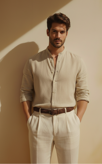 Men Regular Fit Solid Mandarin Collar Casual Shirt