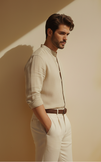 Men Regular Fit Solid Mandarin Collar Casual Shirt