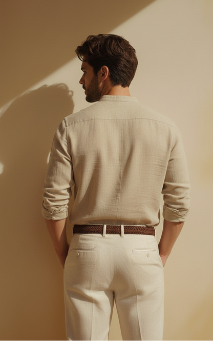 Men Regular Fit Solid Mandarin Collar Casual Shirt