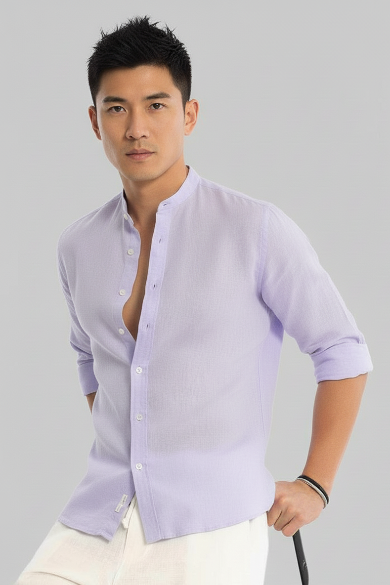 Men Regular Fit Solid Mandarin Collar Casual Shirt