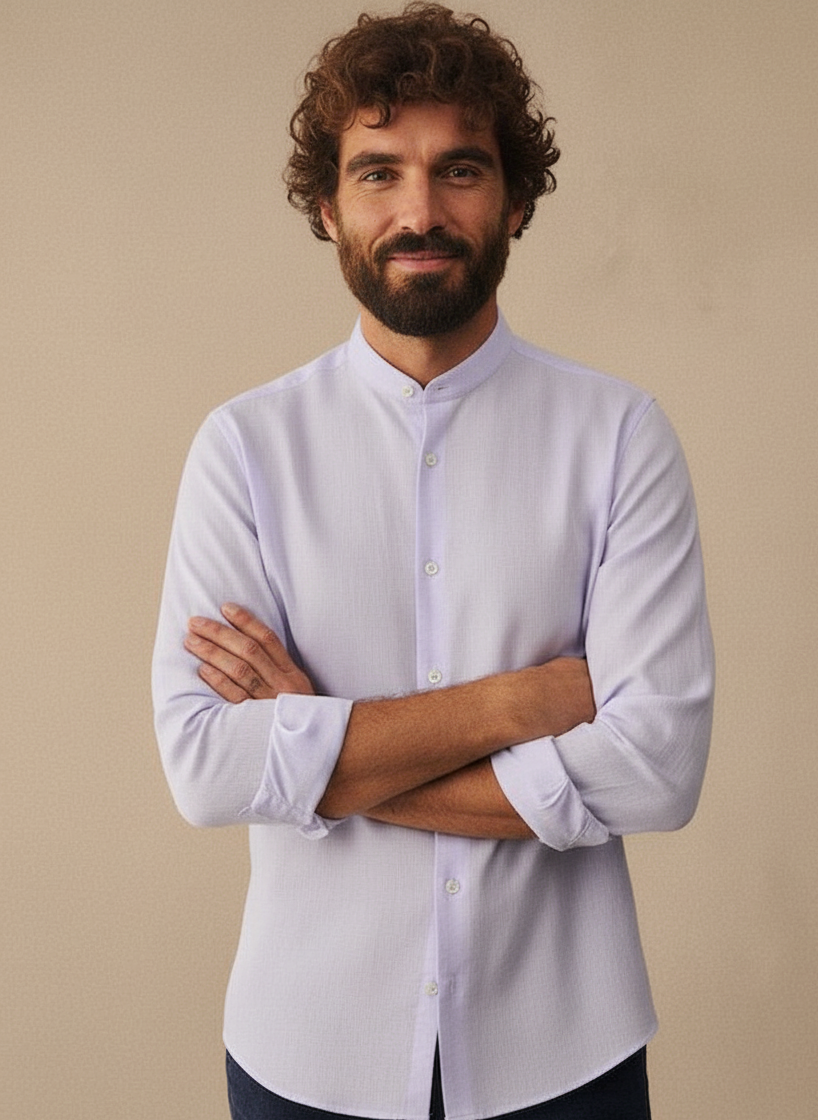 Men Regular Fit Solid Mandarin Collar Casual Shirt