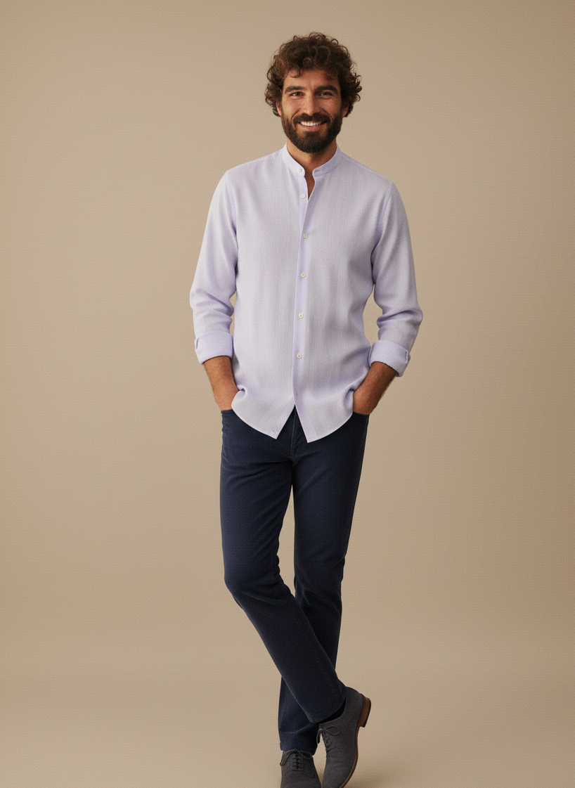 Men Regular Fit Solid Mandarin Collar Casual Shirt