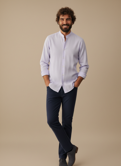 Men Regular Fit Solid Mandarin Collar Casual Shirt