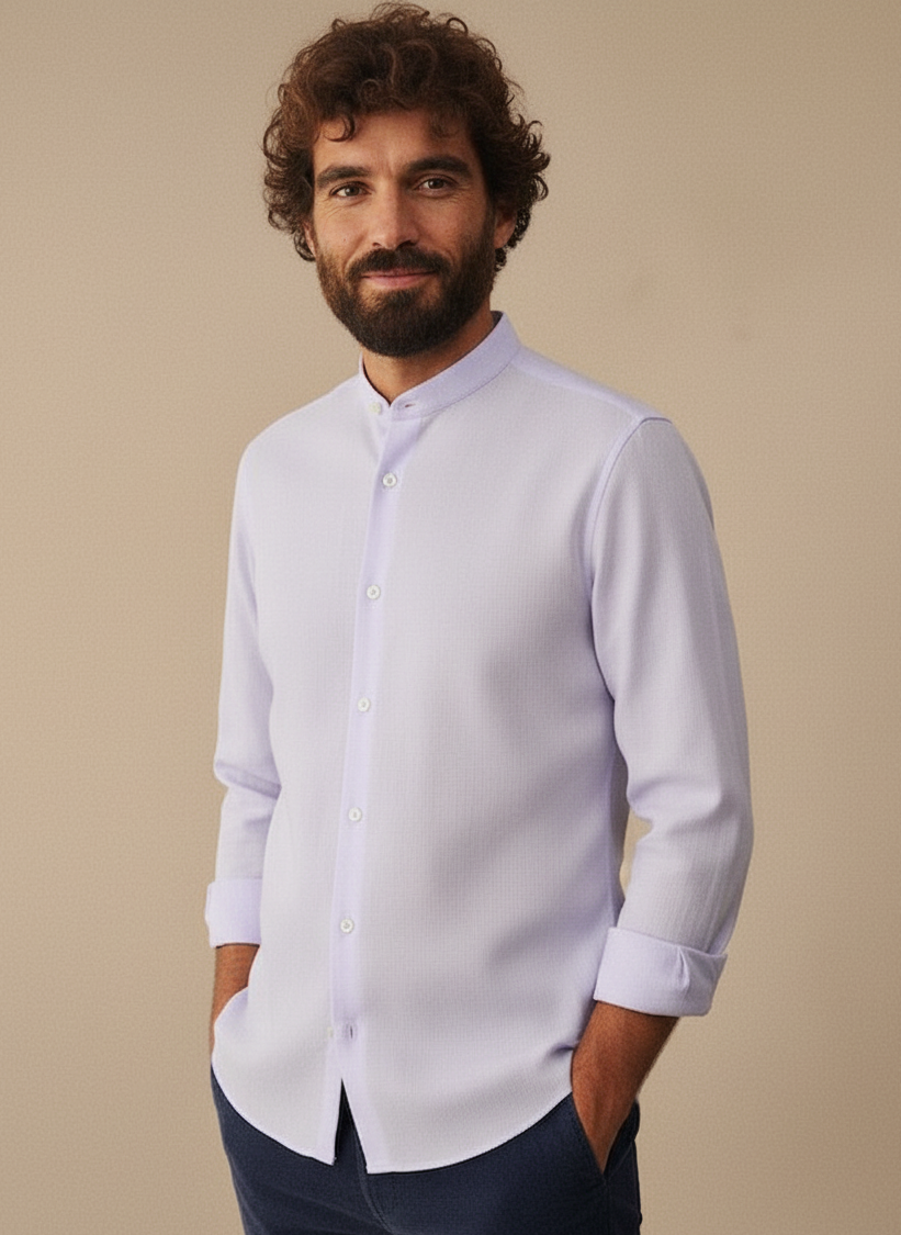 Men Regular Fit Solid Mandarin Collar Casual Shirt