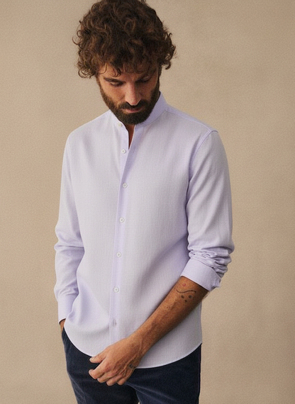 Men Regular Fit Solid Mandarin Collar Casual Shirt