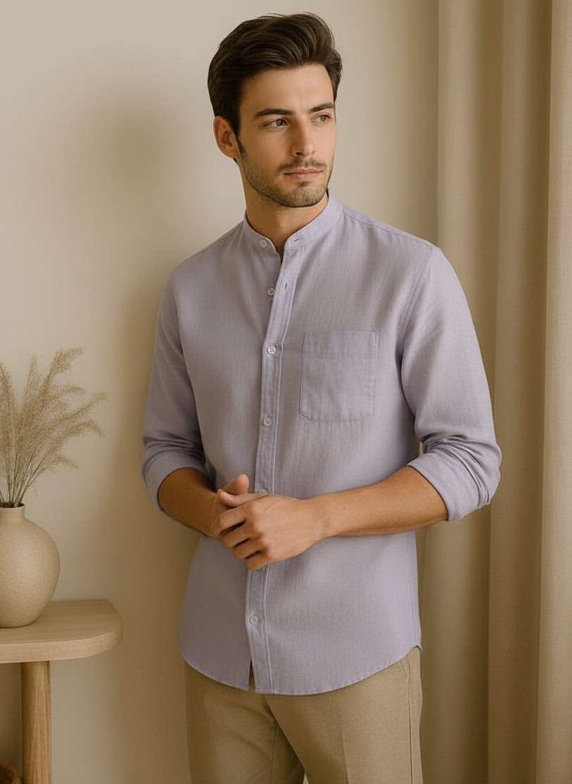 Men Regular Fit Solid Mandarin Collar Casual Shirt