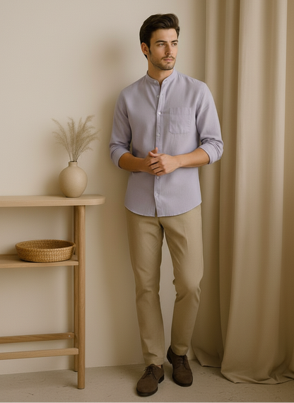 Men Regular Fit Solid Mandarin Collar Casual Shirt