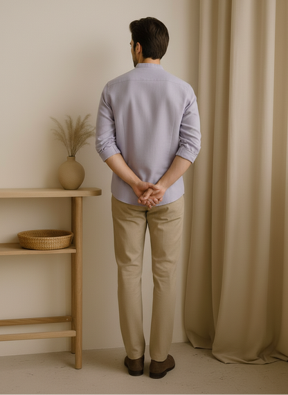 Men Regular Fit Solid Mandarin Collar Casual Shirt