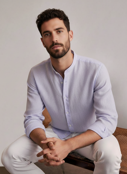 Men Regular Fit Solid Mandarin Collar Casual Shirt