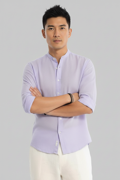 Men Regular Fit Solid Mandarin Collar Casual Shirt