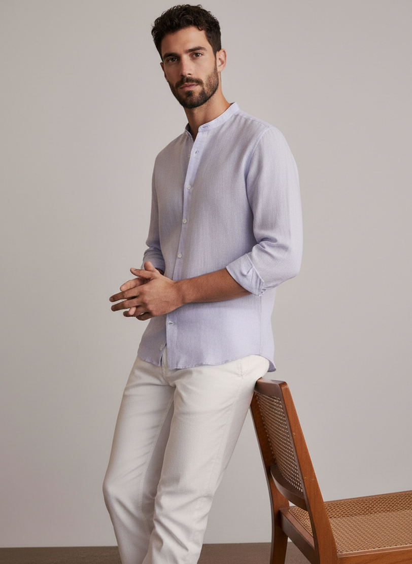 Men Regular Fit Solid Mandarin Collar Casual Shirt