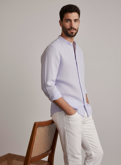 Men Regular Fit Solid Mandarin Collar Casual Shirt