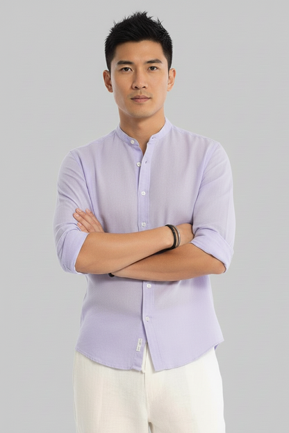 Men Regular Fit Solid Mandarin Collar Casual Shirt