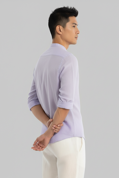 Men Regular Fit Solid Mandarin Collar Casual Shirt