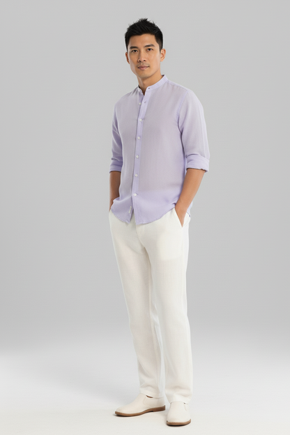 Men Regular Fit Solid Mandarin Collar Casual Shirt