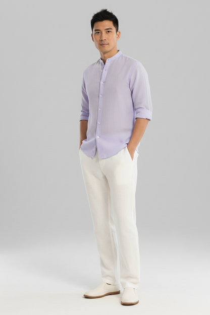 Men Regular Fit Solid Mandarin Collar Casual Shirt