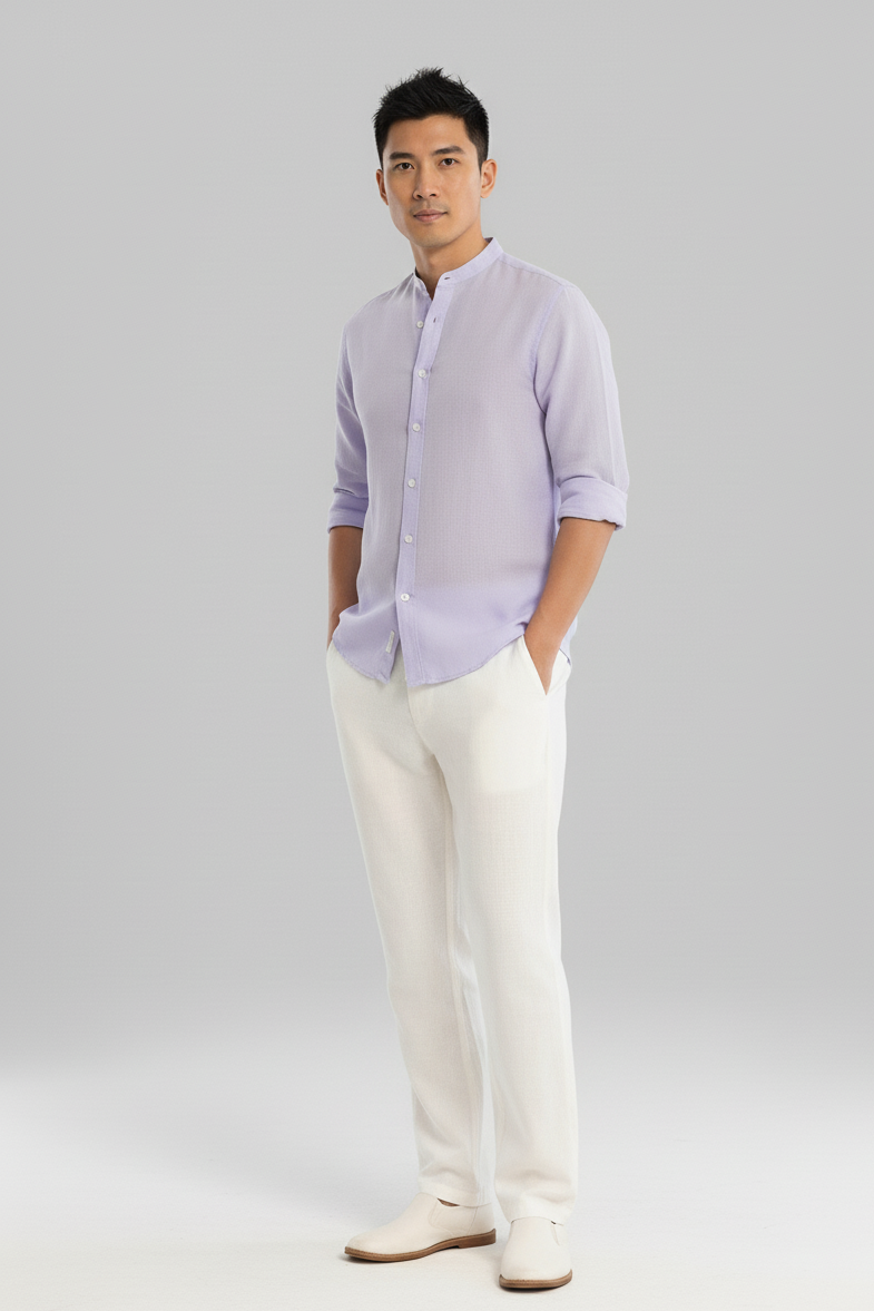 Men Regular Fit Solid Mandarin Collar Casual Shirt