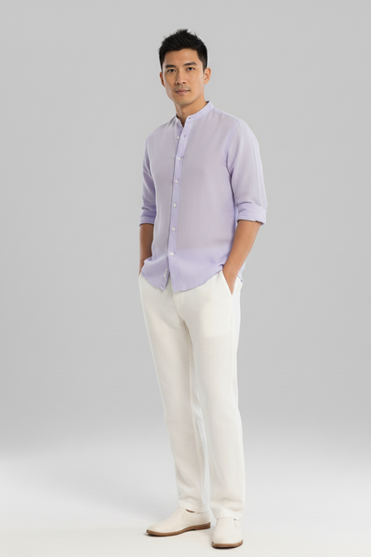 Men Regular Fit Solid Mandarin Collar Casual Shirt