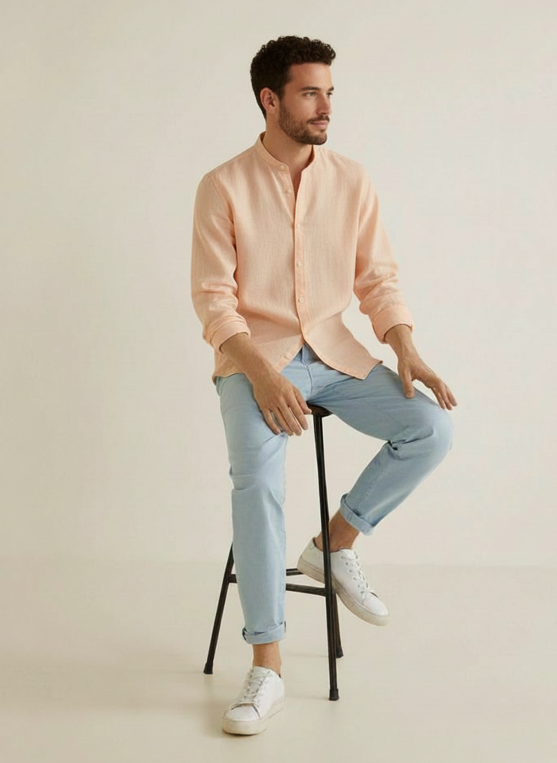 Men Regular Fit Solid Mandarin Collar Casual Shirt