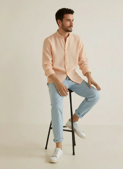 Men Regular Fit Solid Mandarin Collar Casual Shirt