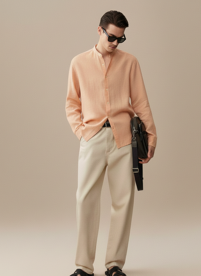 Men Regular Fit Solid Mandarin Collar Casual Shirt