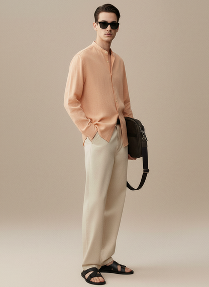 Men Regular Fit Solid Mandarin Collar Casual Shirt