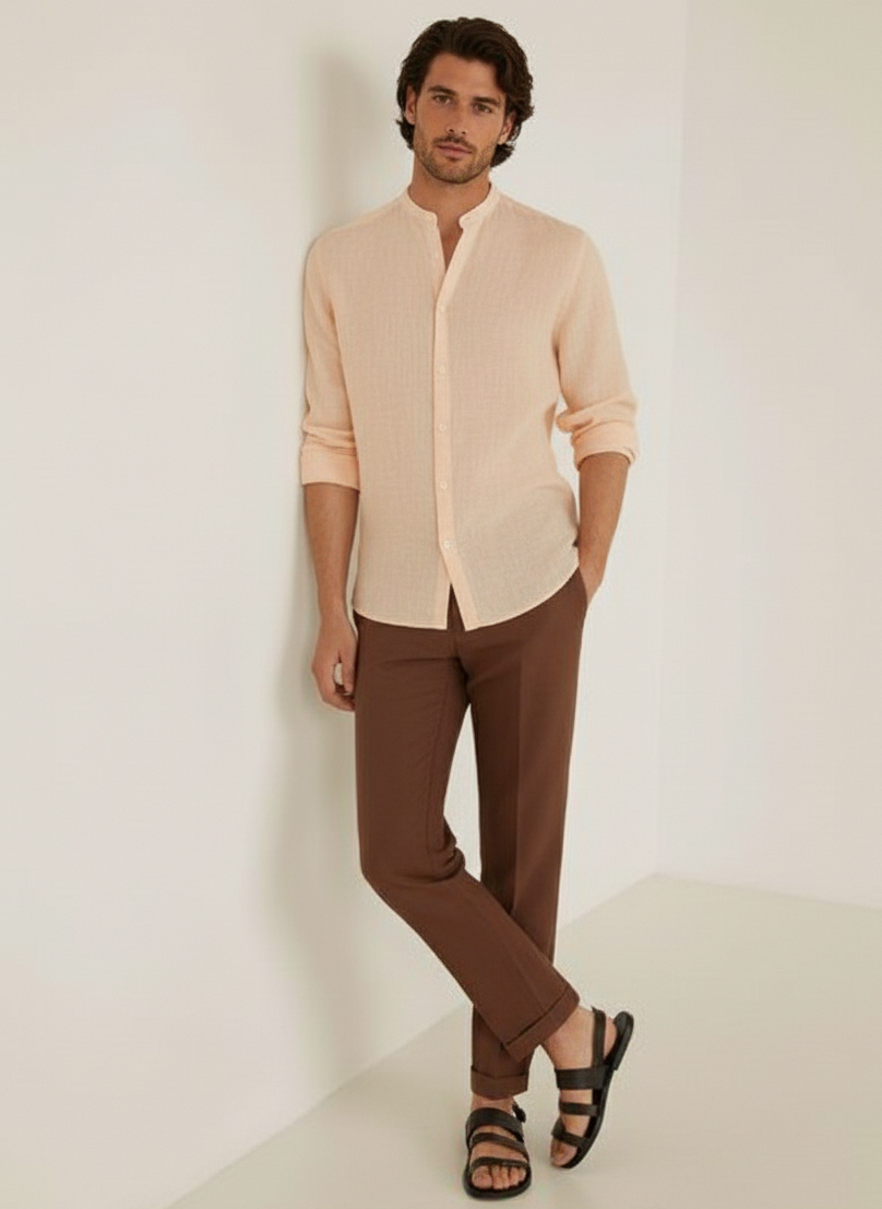 Men Regular Fit Solid Mandarin Collar Casual Shirt