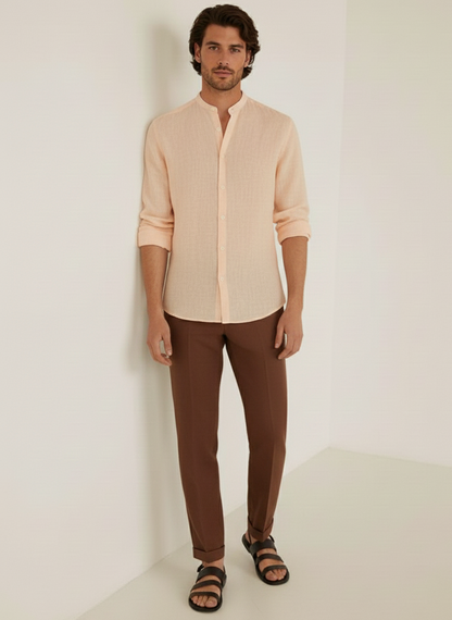 Men Regular Fit Solid Mandarin Collar Casual Shirt