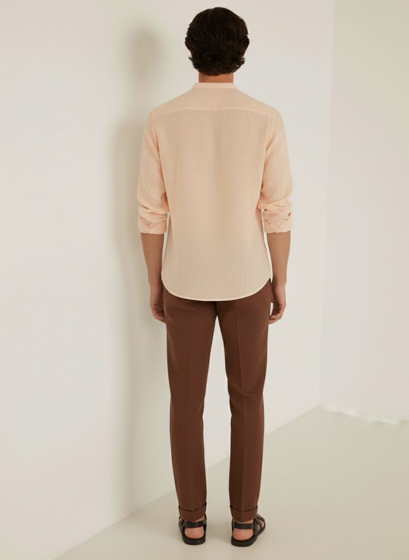 Men Regular Fit Solid Mandarin Collar Casual Shirt