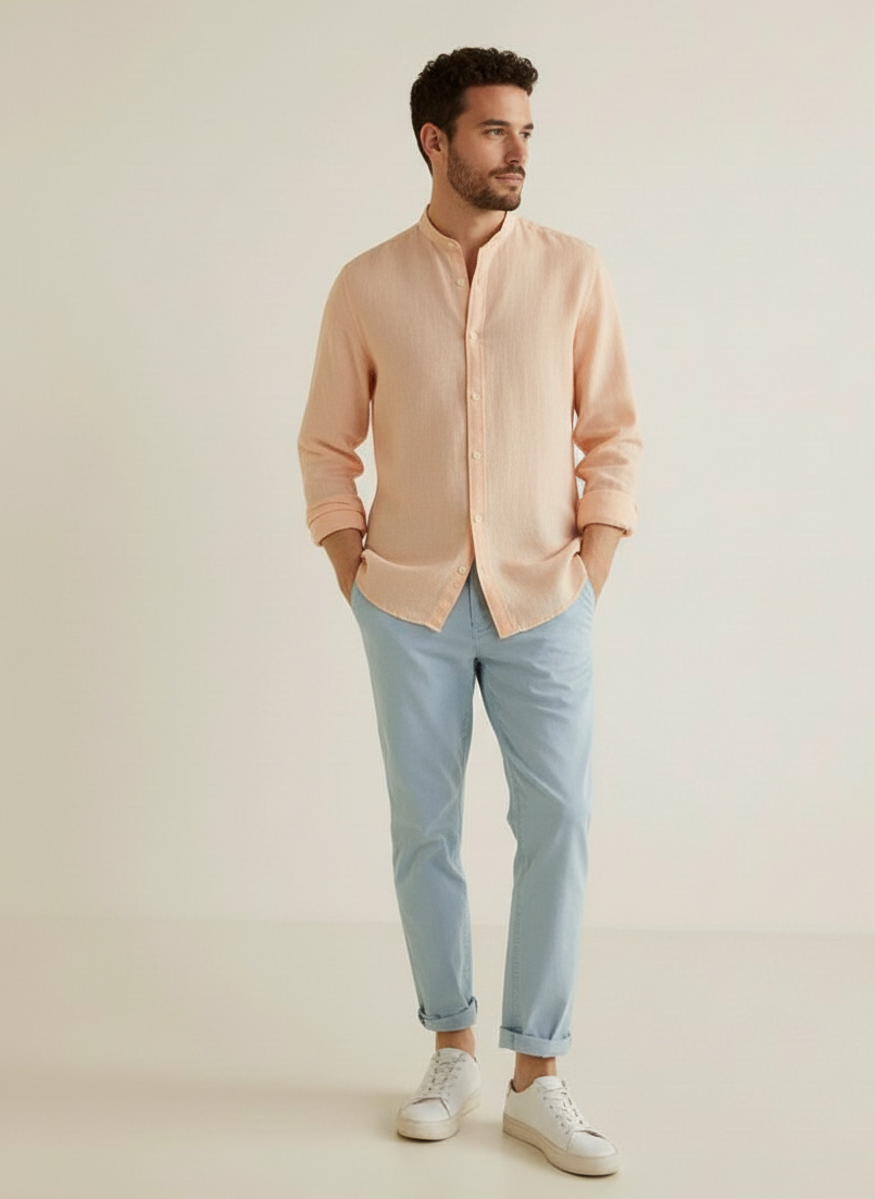 Men Regular Fit Solid Mandarin Collar Casual Shirt