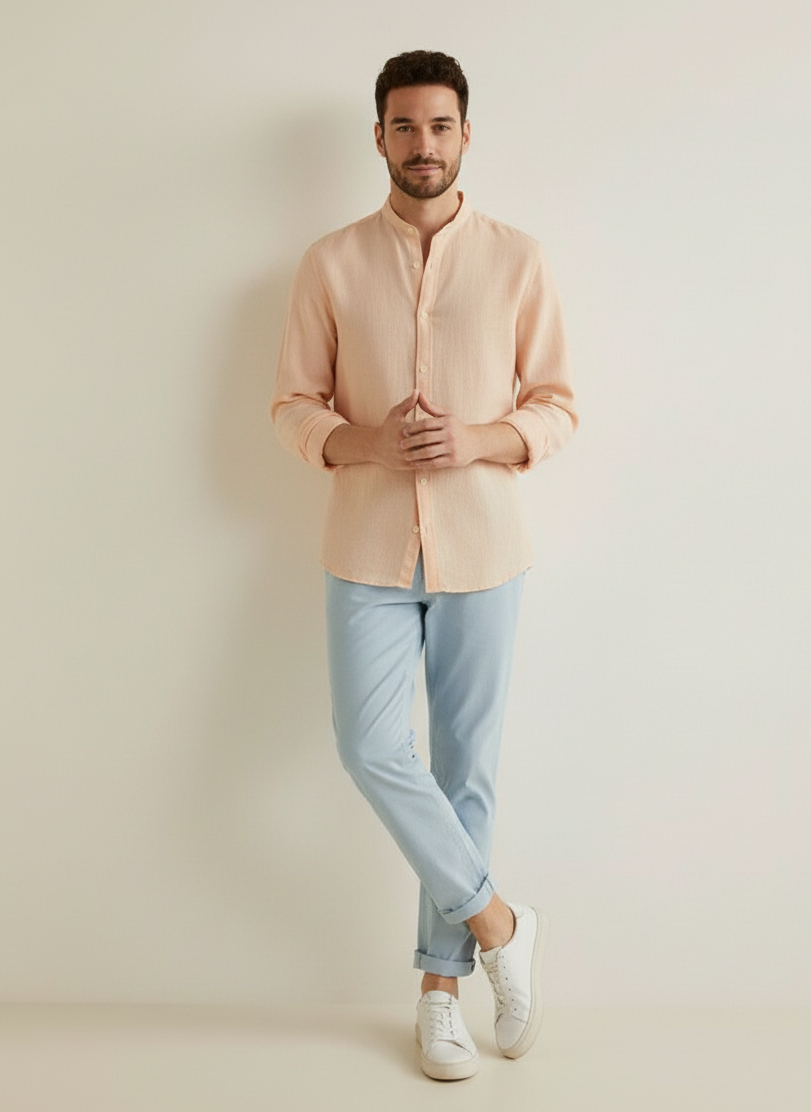 Men Regular Fit Solid Mandarin Collar Casual Shirt