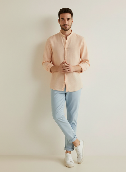 Men Regular Fit Solid Mandarin Collar Casual Shirt