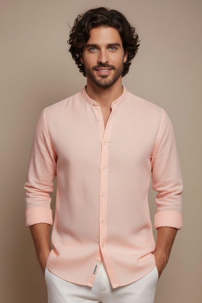 Men Regular Fit Solid Mandarin Collar Casual Shirt