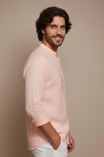 Men Regular Fit Solid Mandarin Collar Casual Shirt